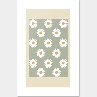 muted green neutral camel daisy flower floral pattern Posters and Art